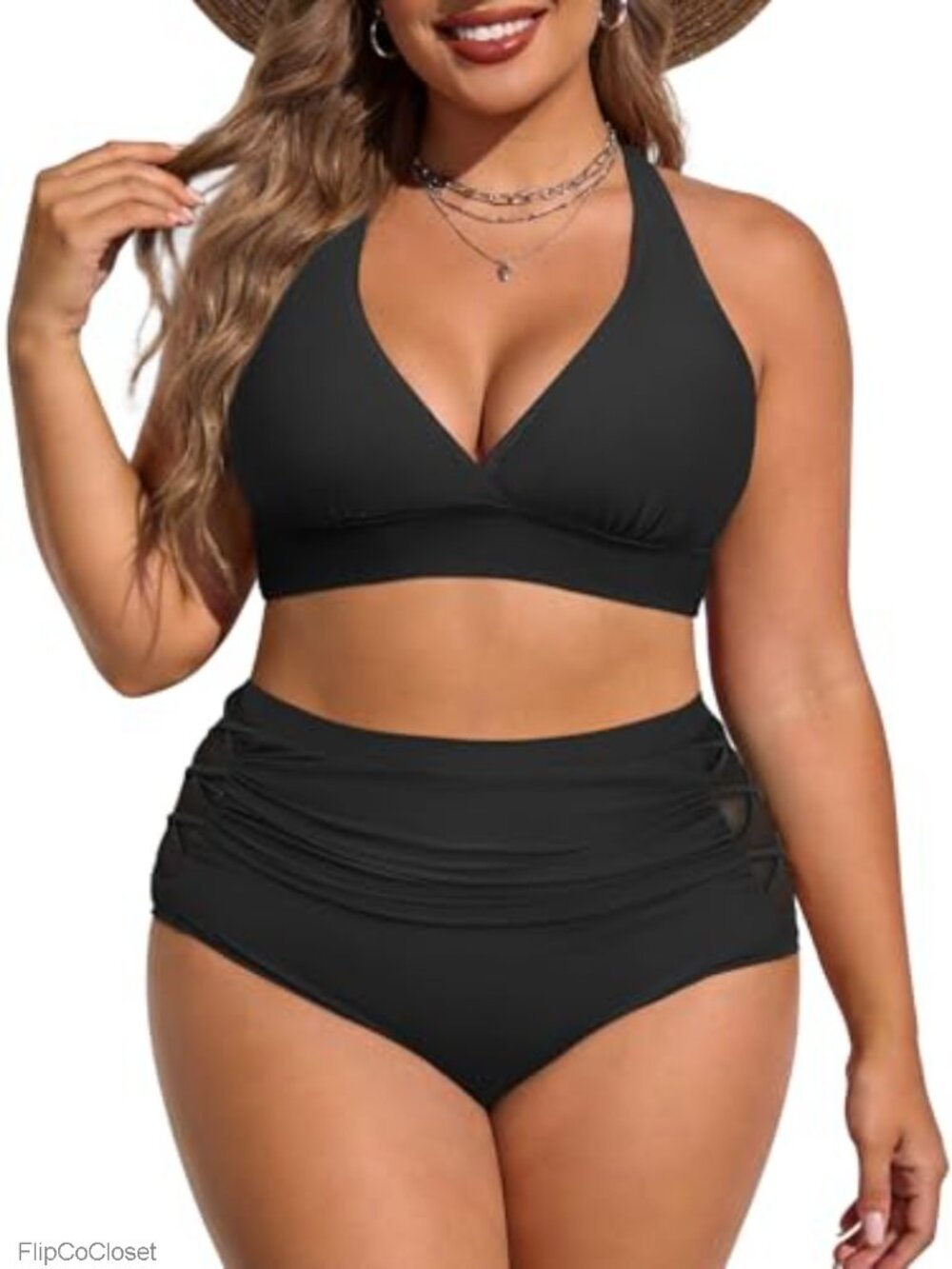 Plus Size High Waisted Bikini Set V-Neck Tummy Control Swimsuits